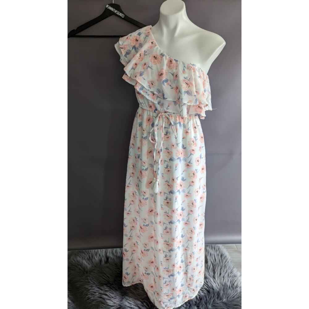 Miami Floral One Shoulder Flutter Flowy Maxi Dress Sz Small